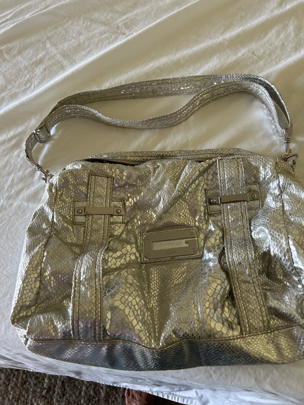 Guess Metallic Silver Snake-Print Shoulder Bag